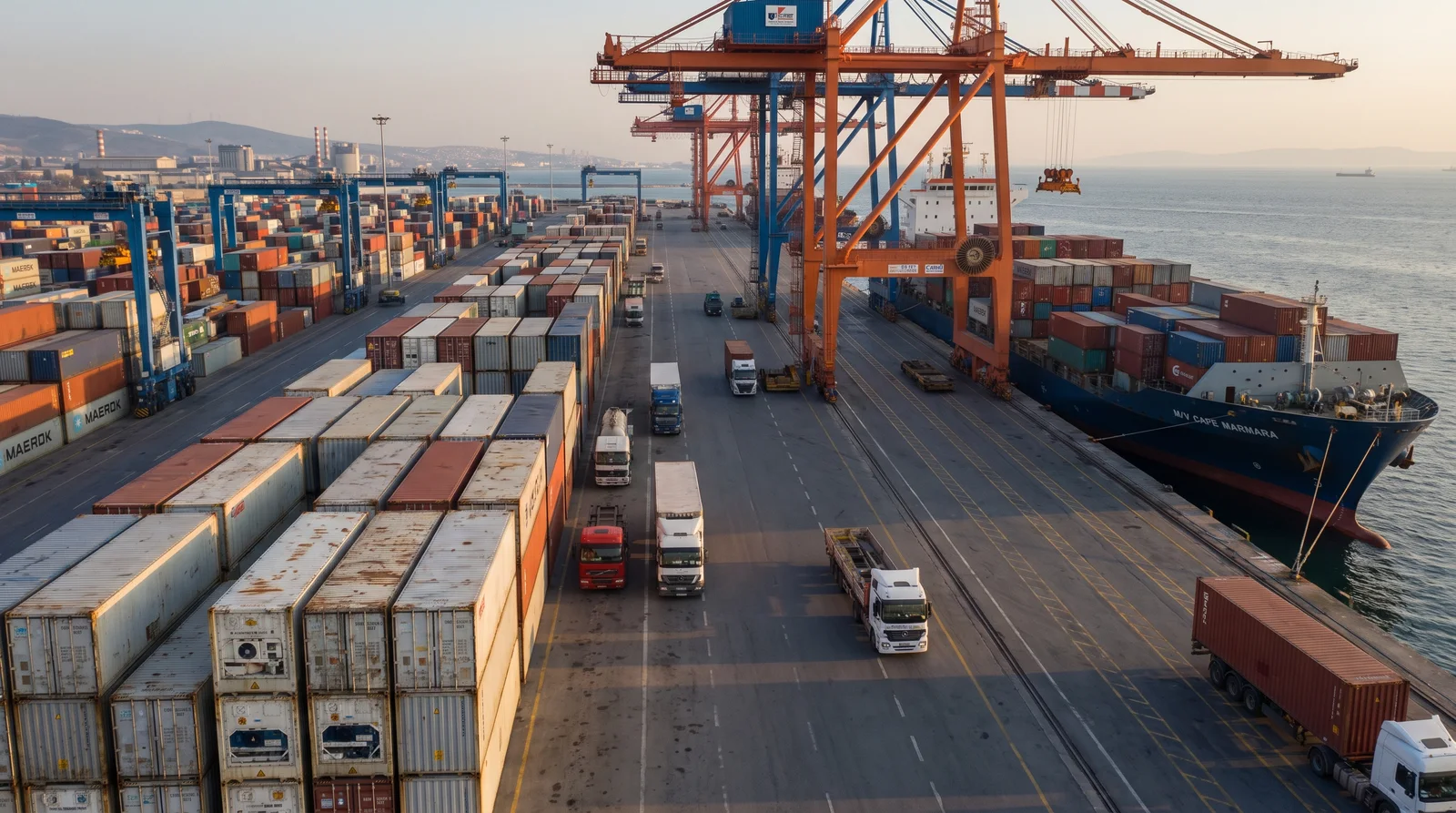 Container terminal at Ambarli Port, Istanbul, with gantry cranes and container trucks