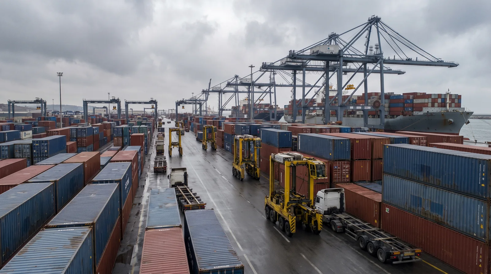 Kumport container terminal in Ambarli, Istanbul, with straddle carriers between container stacks