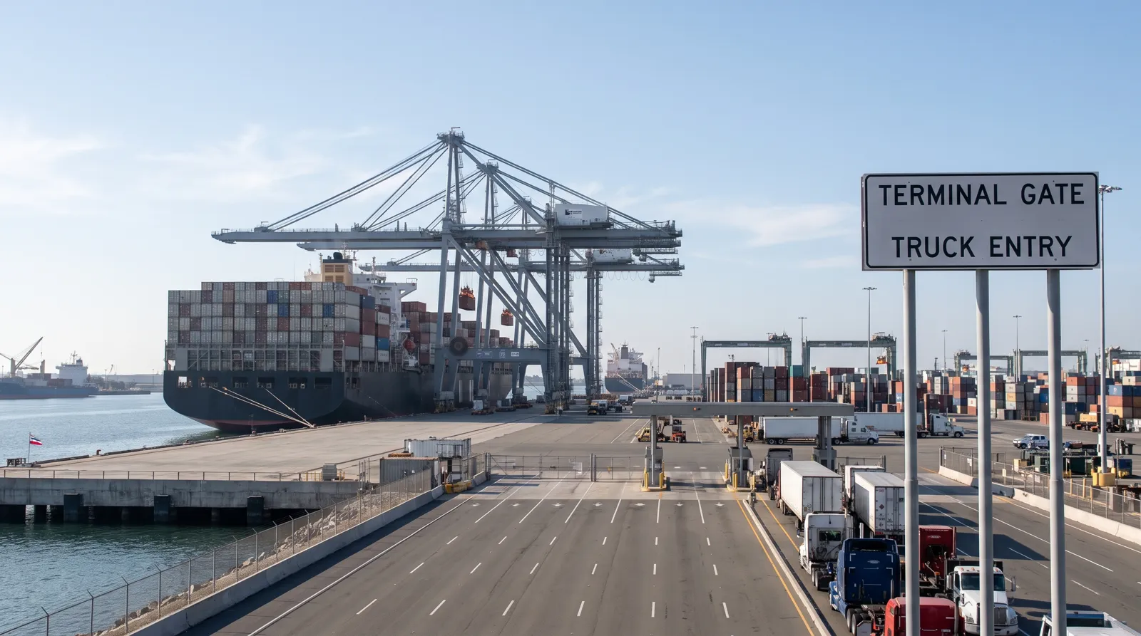 Container ship at a US seaport terminal with trucks queuing at the terminal gate