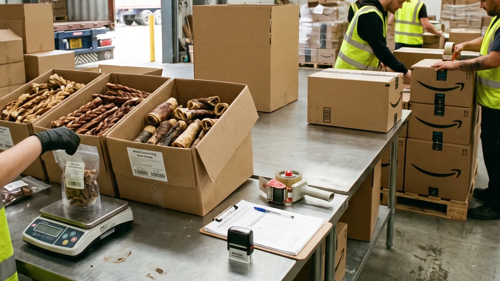 Wholesale cartons of natural dog chews being repacked into Amazon shipping boxes at a US prep warehouse